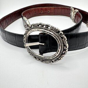 Brighton Womens Reversible Croc Embossed Leather Belt Black To Brown Sz 2X